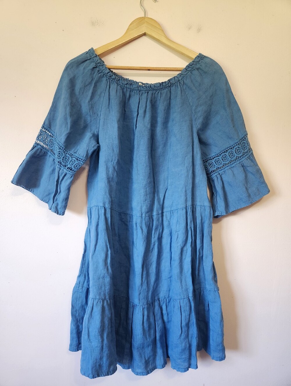 Terzo Millennio Blue Linen Tiered Boho Peasant Mini Dress Crochet Lace Italy M